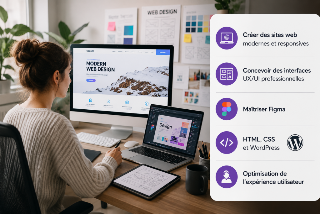 Étudiante en formation web design créant un site internet moderne avec Figma, HTML, CSS et WordPress