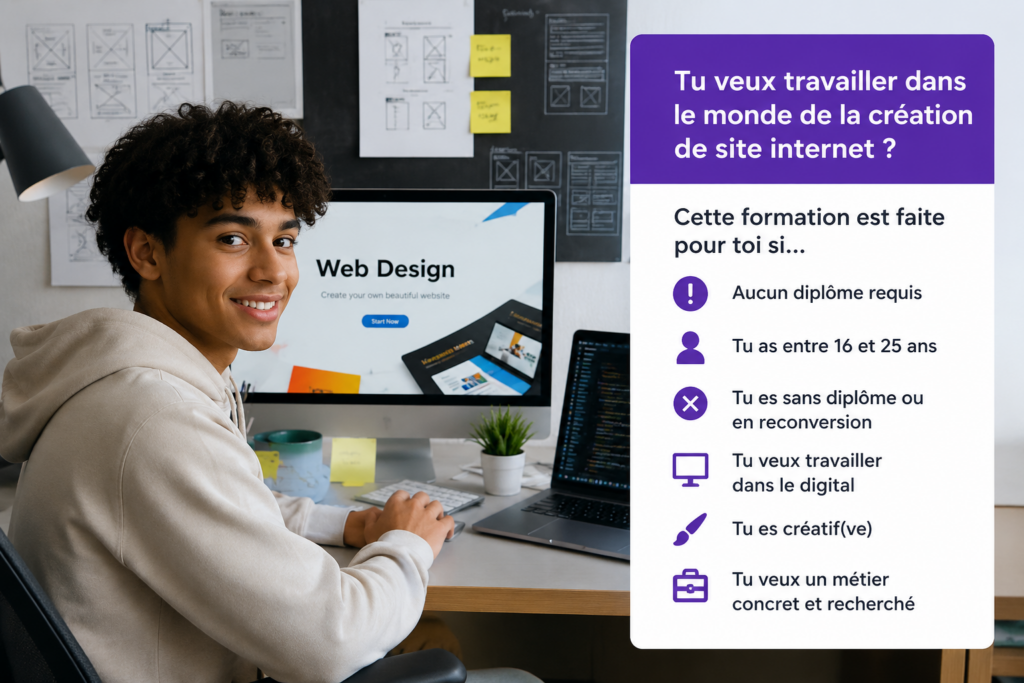 Jeune étudiant travaillant sur la création d’un site internet dans une formation web design et digital